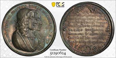 万国钱币拍卖第060期（万国六十期纪念大拍） - PCGS AU58 1672年尼德兰约翰·德·维特和科尼利厄斯·德·维特兄弟遇刺纪念大银章 PC冠军分 极美荷兰早期高浮雕大银章 花体字均匀深五彩极美收藏品质