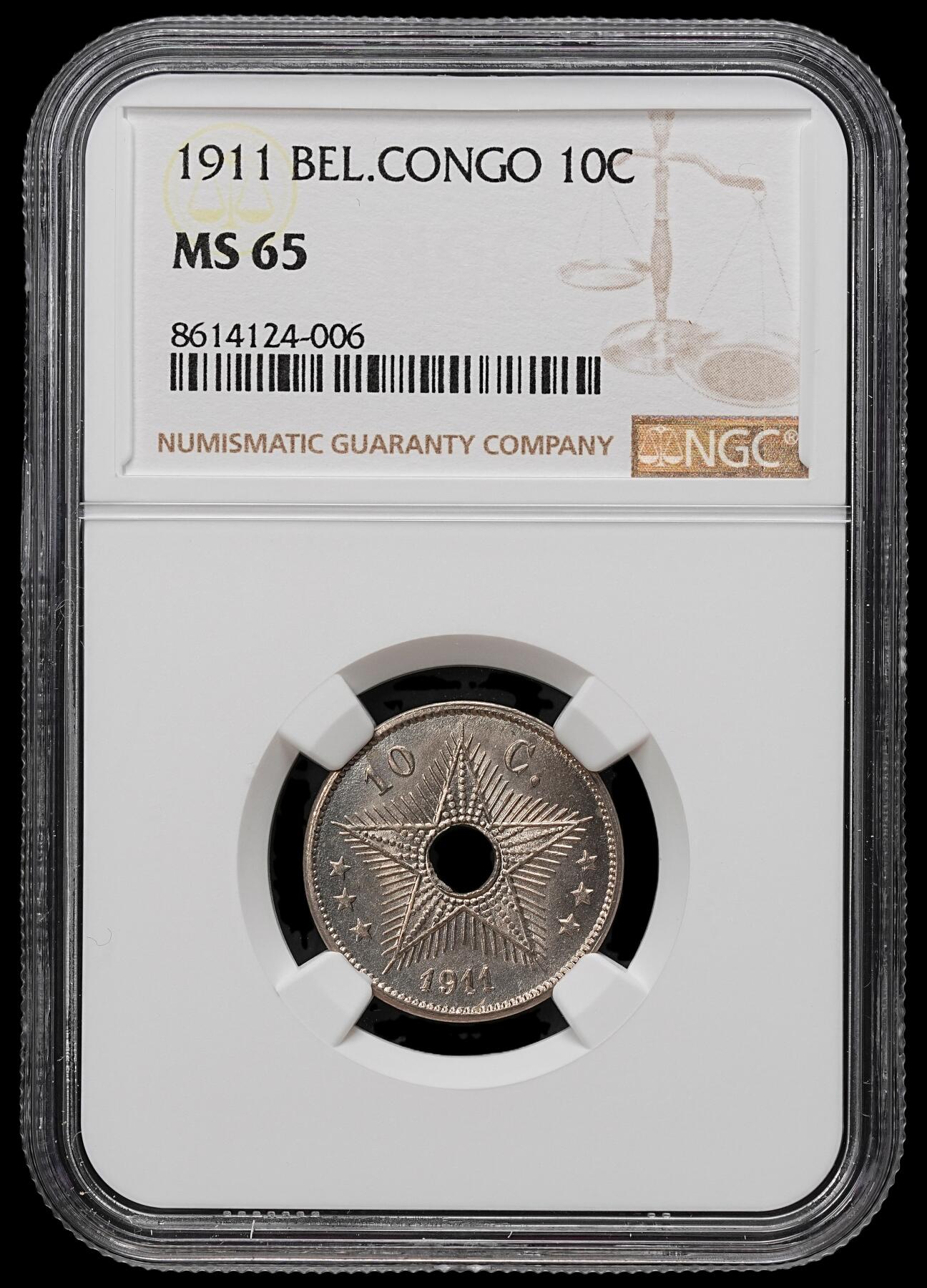 修遠堂世界钱币第103期 NGC MS65 1911年比属刚果中孔10分