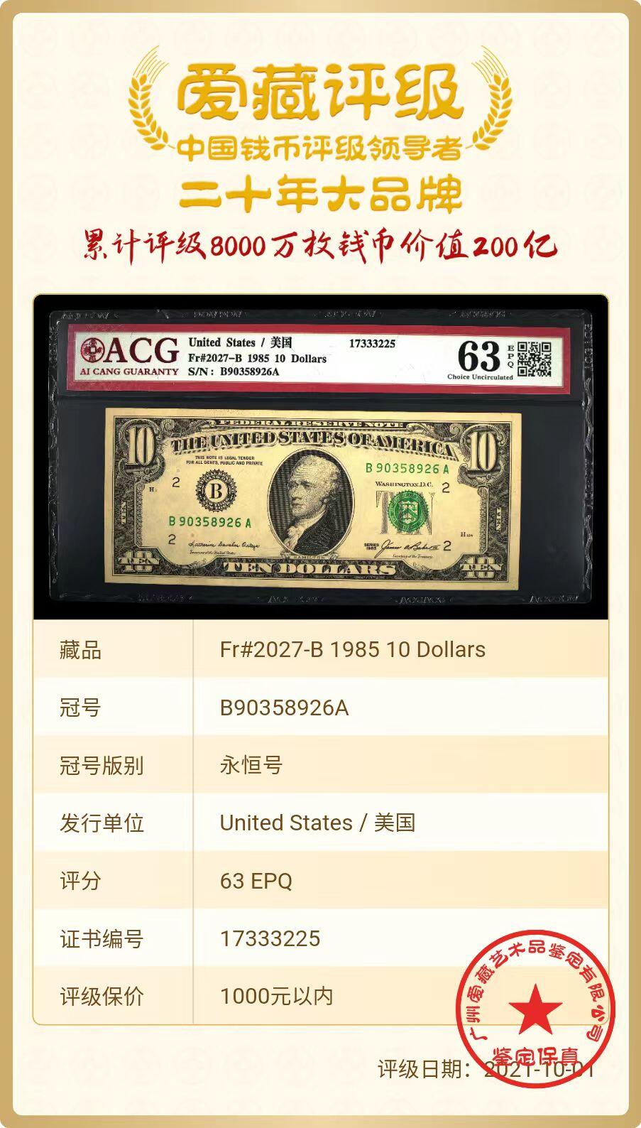 ACG评级美元纸币