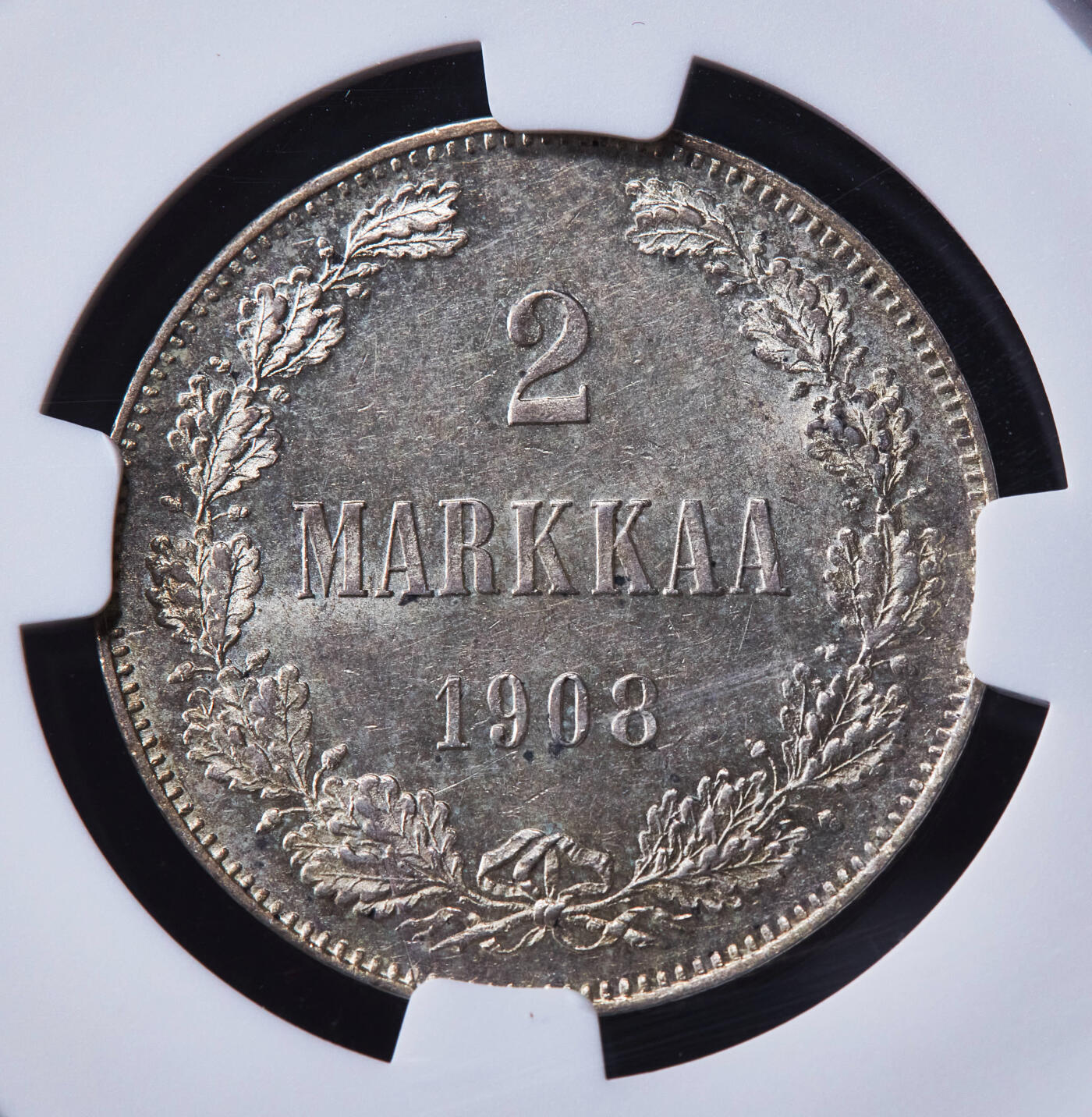 【俄甄集藏】马年新春第一拍 2026年(048)02-25星期三 晚 19:30 全场包邮 俄属芬兰1908年尼古拉二世L版2马克银币，NGC MS62，黄油彩转光品相，MS稀少