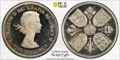 万国钱币拍卖第060期（万国六十期纪念大拍） - PCGS PR64DCAM 1960英国伊丽莎白二世V.I.P精制克朗 VIP精制是20世纪英国币收藏中的一个重要系列，其中的克朗主币更是备受追捧。仅铸造用于馈赠王室贵族及政府高官，使用与普通精制不同的特殊工艺模具，盾徽带有迷人的喷砂霜感。发行量极度稀少，ESC目录标注稀有度为R3，其总存世量应该在百枚以内。国内首次公开上拍品种，各位藏家把握机会。