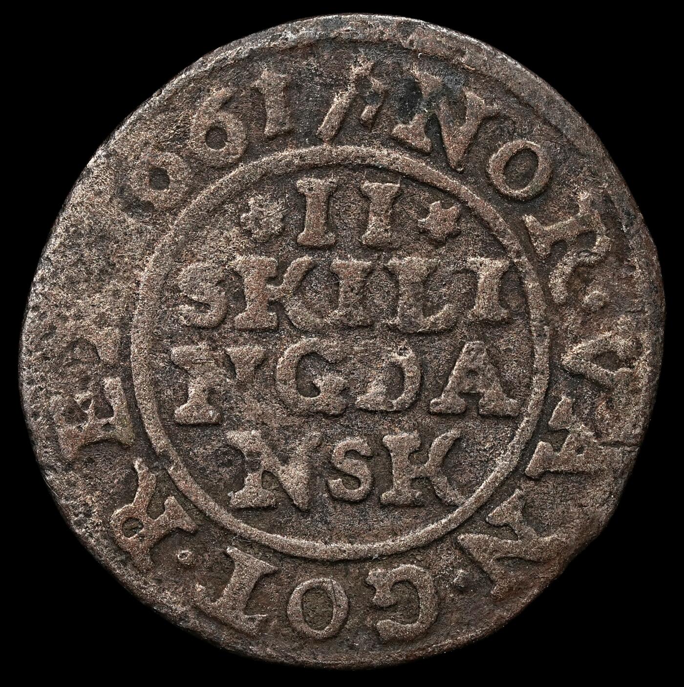 修遠堂世界钱币第103期 1661年丹麦2 SKILLING银币 1.09g