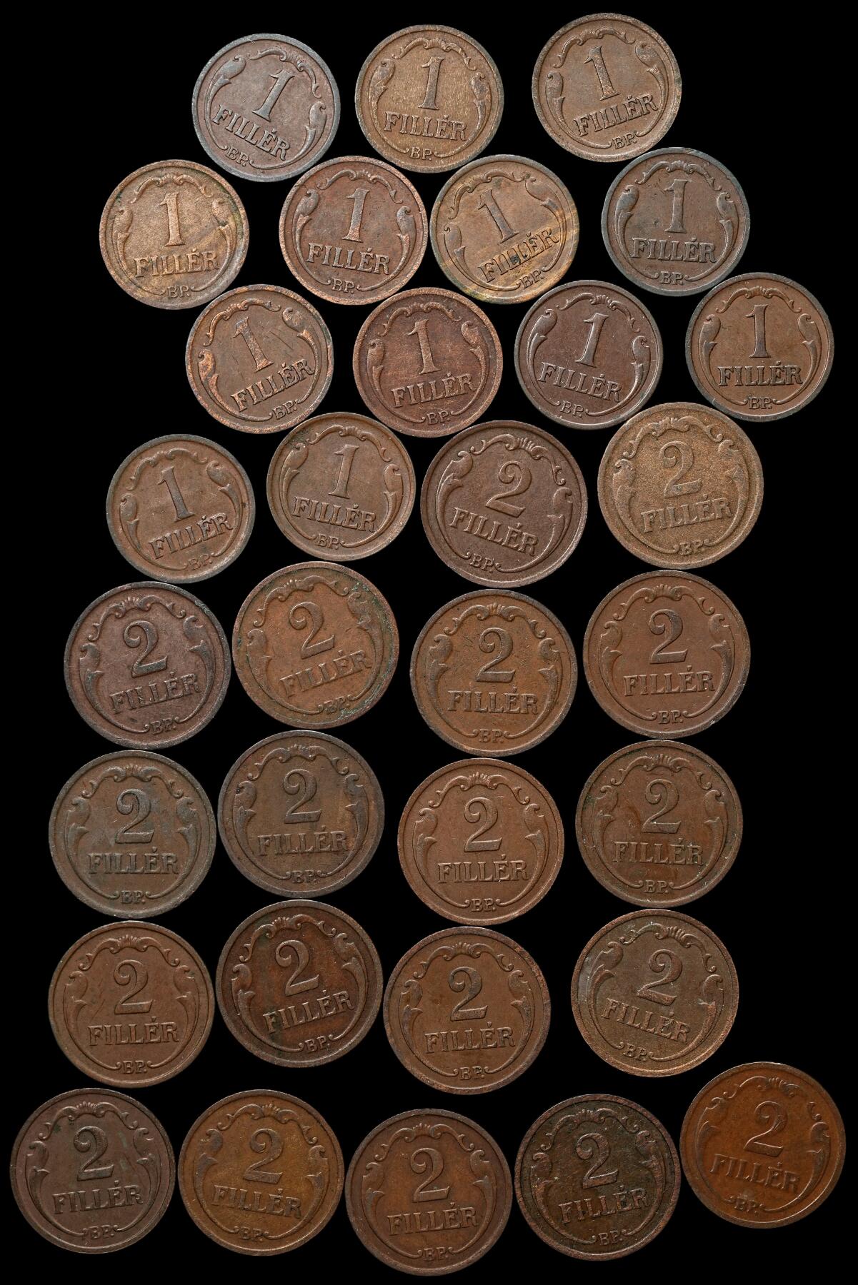 修遠堂世界钱币第103期 1926–1940年匈牙利王国1 菲勒， 2 菲勒铜币一组，摄政王霍尔蒂时期