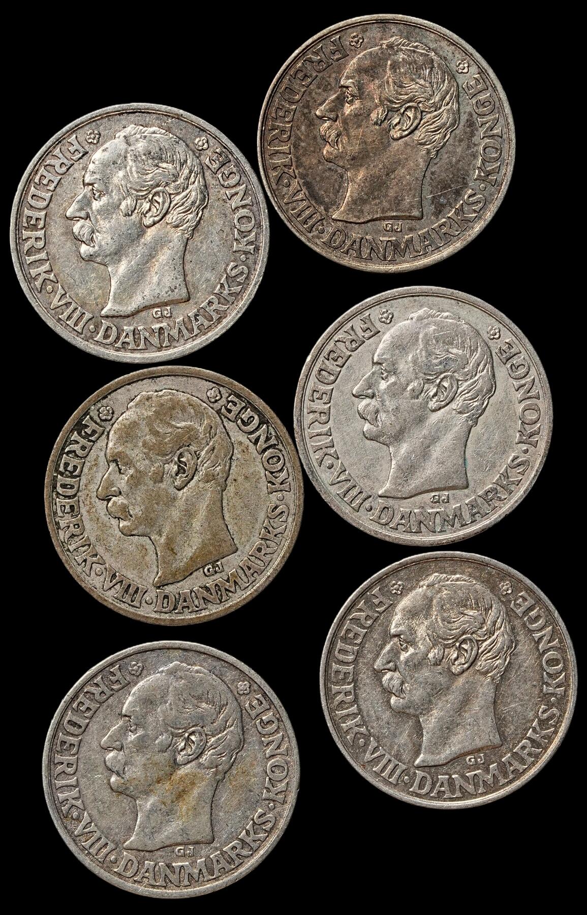 修遠堂世界钱币第103期 丹麦弗雷德里克八世时期25欧尔银币一组，总重14.43g，含银60%