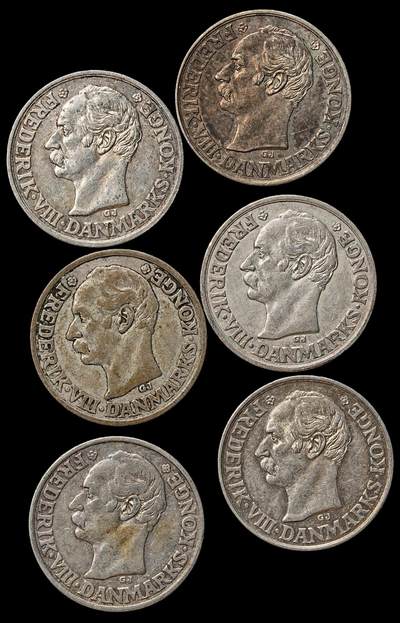 修遠堂世界钱币第103期 - 丹麦弗雷德里克八世时期25欧尔银币一组，总重14.43g，含银60%