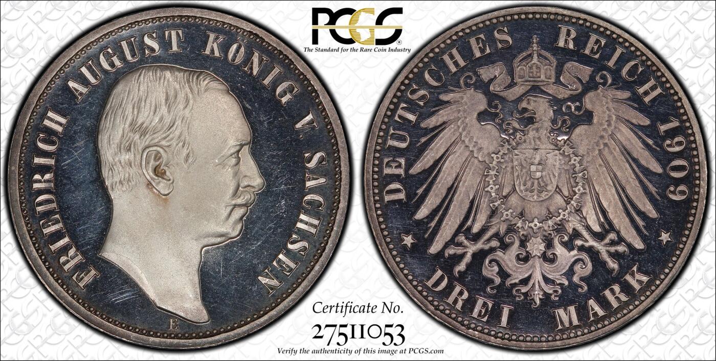 万国钱币拍卖第060期（万国六十期纪念大拍） PCGS PR64+DC 1909萨克森弗雷德里希·奥古斯特精制长翅3马克银币 超级深度镜面 所见最强喷砂 渐变紫罗兰五彩环绕 WINGS金标认证好状态 可遇不可求的顶级典藏品质