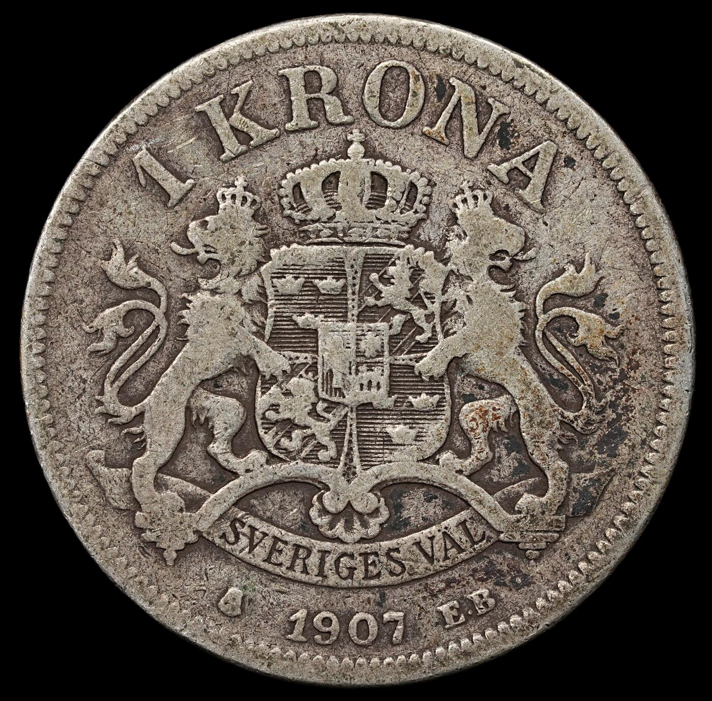 修遠堂世界钱币第103期 1907年瑞典1克朗银币，7.27g，含银80%
