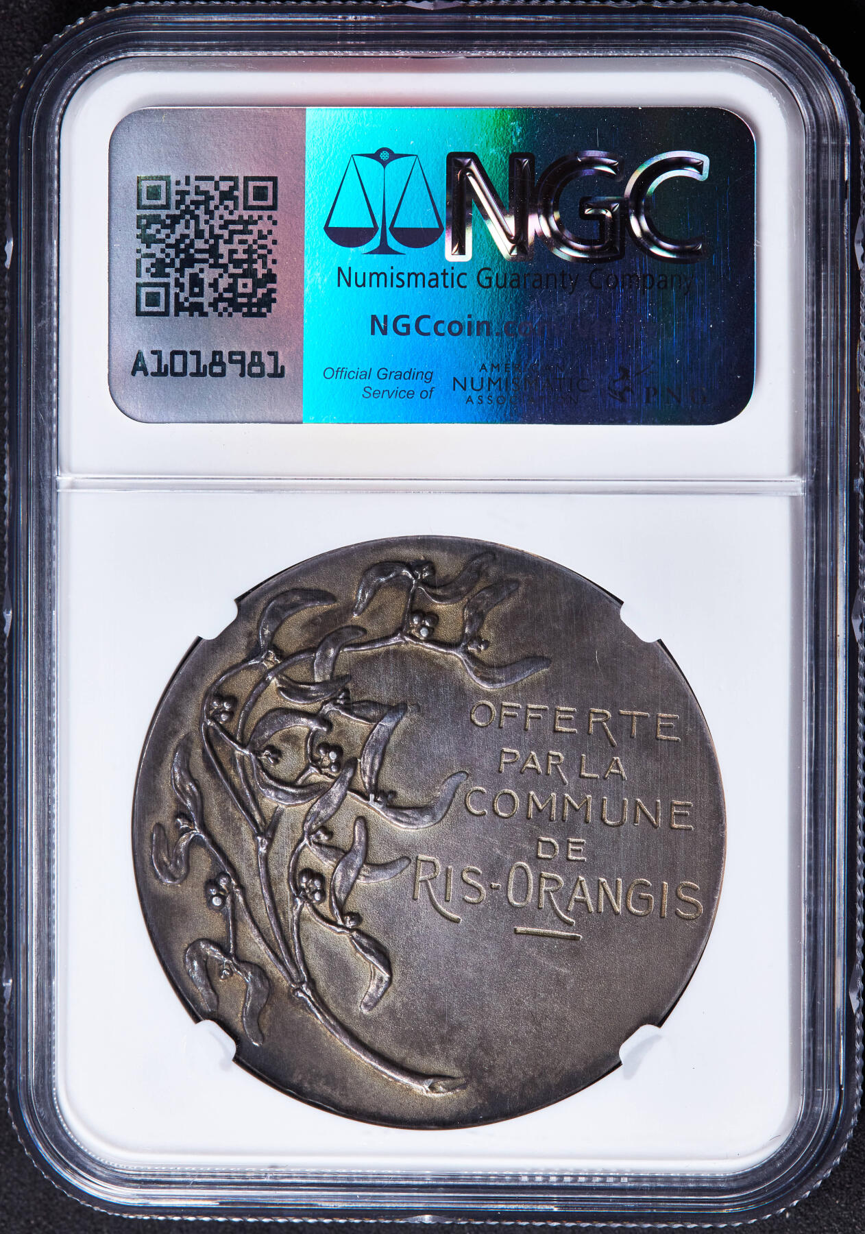 【俄甄集藏】马年新春第一拍 2026年(048)02-25星期三 晚 19:30 全场包邮 法国19世纪新艺术运动时期里斯-奥朗日斯市公社纪念大银章，NGC MS62，著名雕刻家勒内·波迪松作品，设计简约精美，酱彩老包浆，直径41mm
