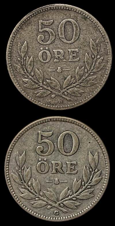 修遠堂世界钱币第103期 - 瑞典50欧尔银币2枚，总重9.92g，含银60%