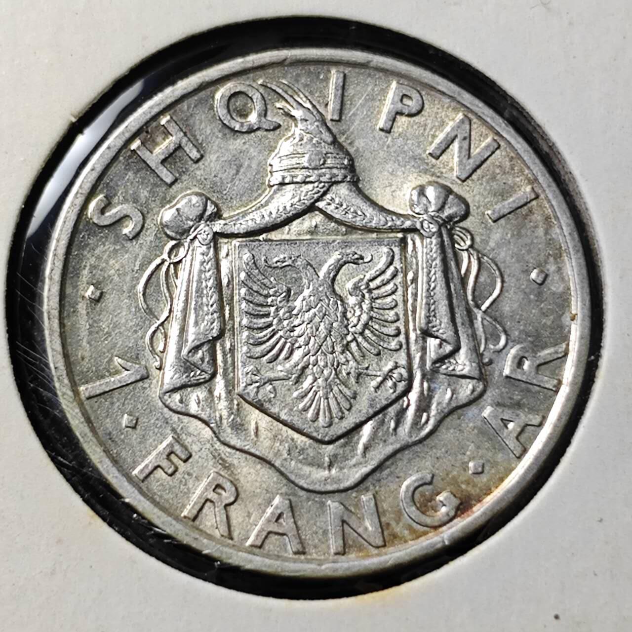 KK钱币收藏小铺  第398期 百期特拍（四拍之二） 2月预留时间 周末发货  1935阿尔巴尼亚1法郎银币 深打带光