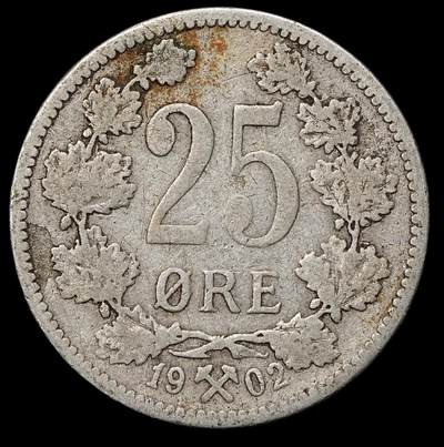 修遠堂世界钱币第103期 - 1902年挪威25欧尔银币，2.33g，少见品种