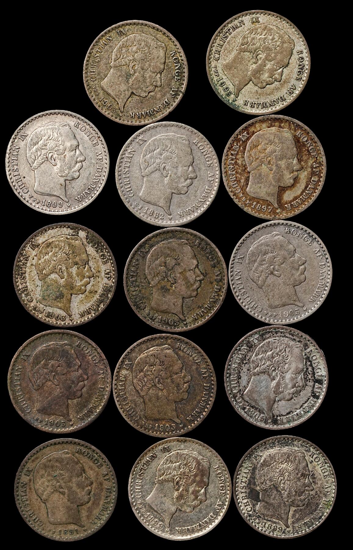 修遠堂世界钱币第103期 丹麦克里斯蒂安九世时期海豚10欧尔银币一组，总重19.19g，含银40%