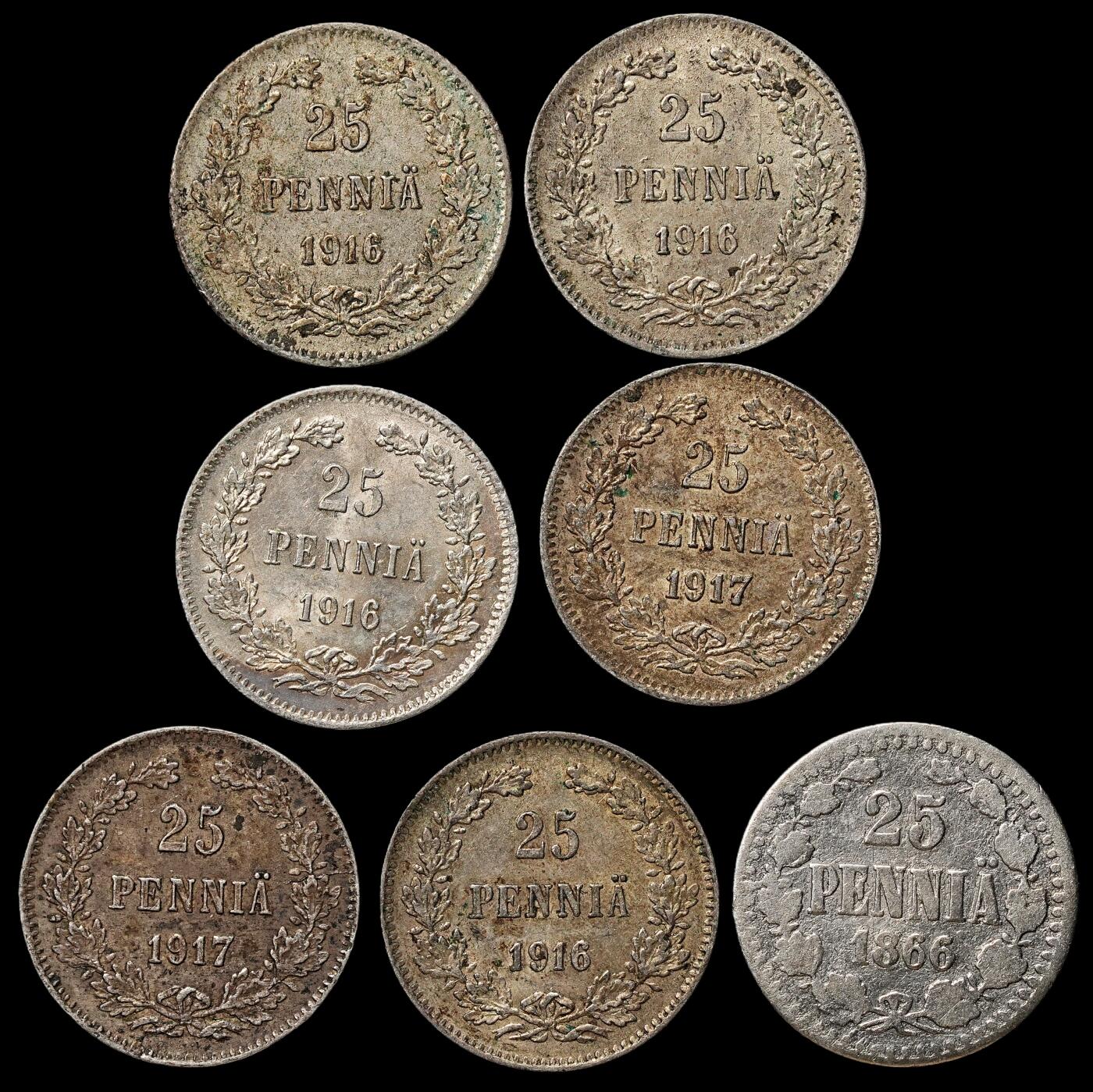 修遠堂世界钱币第103期 芬兰25盆尼银币一组，总重8.79g，含银75%，部分未流通