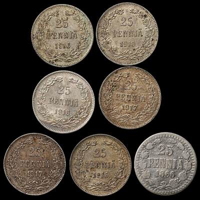 修遠堂世界钱币第103期 - 芬兰25盆尼银币一组，总重8.79g，含银75%，部分未流通