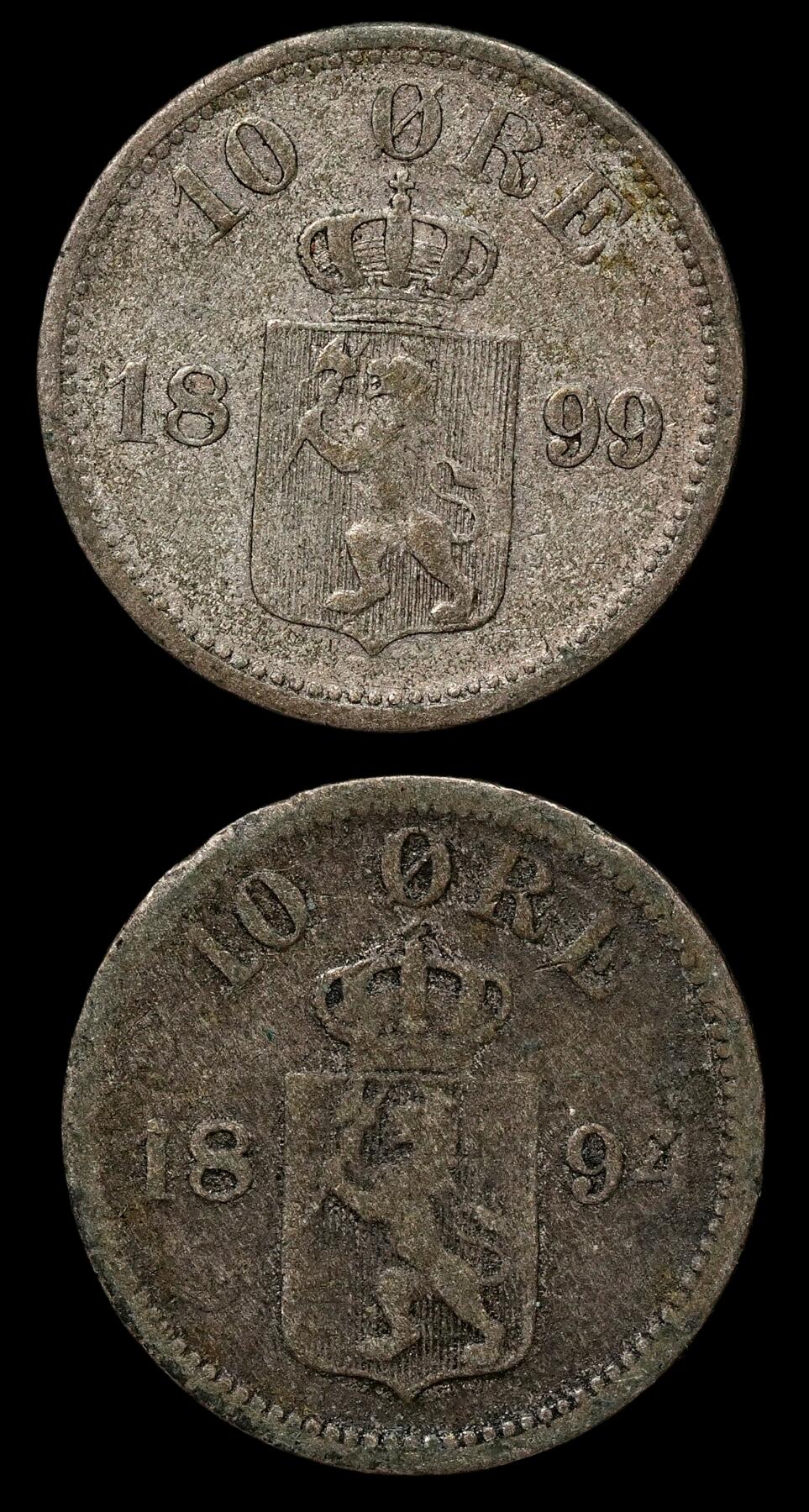 修遠堂世界钱币第103期 挪威10欧尔银币2枚，总重2.76g，含银40%，年份少见