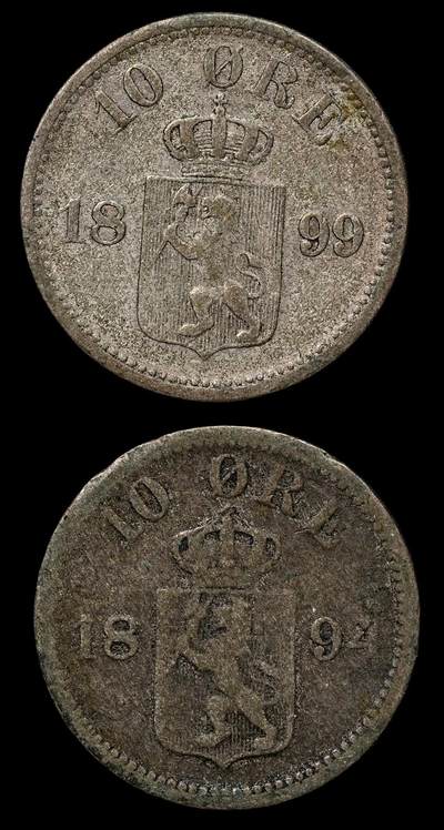 修遠堂世界钱币第103期 - 挪威10欧尔银币2枚，总重2.76g，含银40%，年份少见