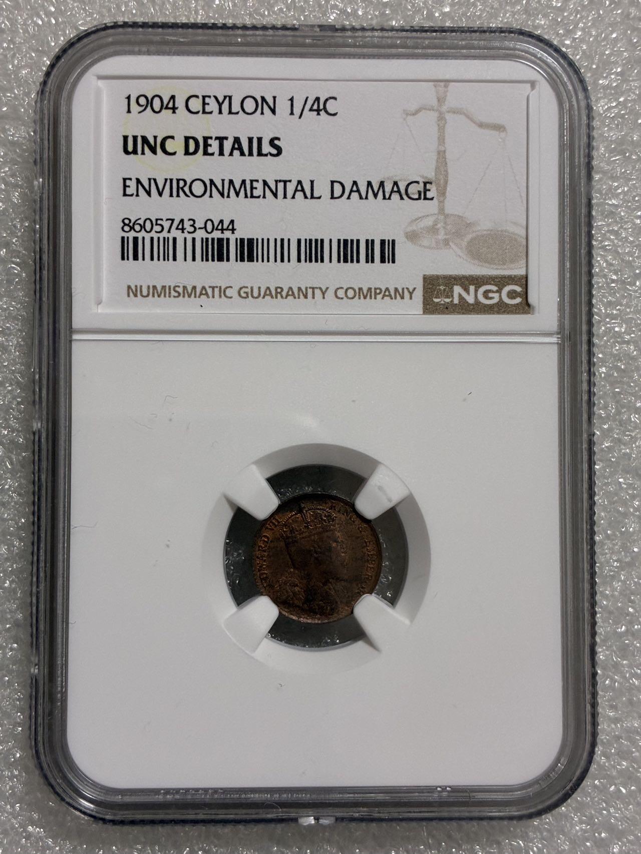 NGC UNCD 英属锡兰1904年 爱德华七世 1/4分 铜币