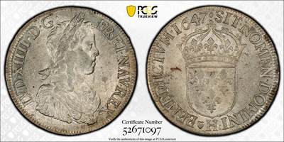 万国钱币拍卖第060期（万国六十期纪念大拍） - PCGS MS61 1647年法国太阳王路易十四埃居大银币 红桃H拉罗谢尔造币厂铸 罕见深打银霜转光极美收藏级状态 PC唯一冠军
