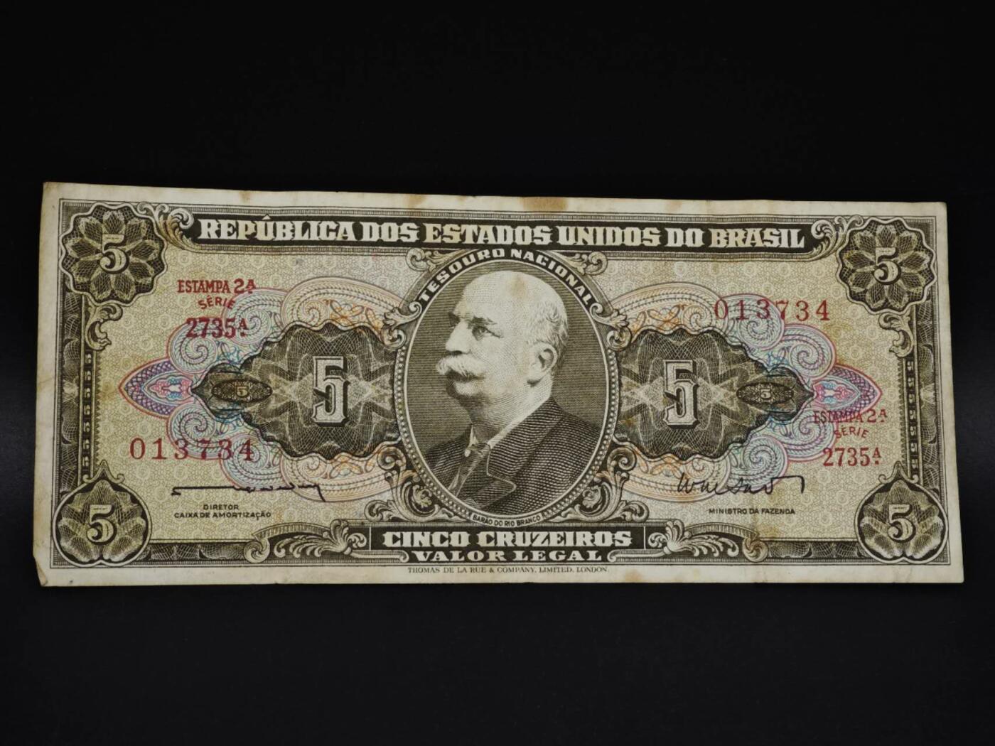 【淘币小摊】实时拍第八百五十九拍   无佣金福利纸币场   满百包邮可预留二周 每周一统一发货   巴西5克鲁塞罗纸币【有折】