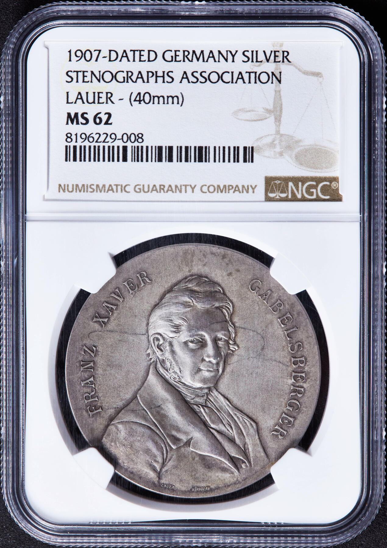 【俄甄集藏】马年新春第一拍 2026年(048)02-25星期三 晚 19:30 全场包邮 德国1907年纪念帕绍市速记协会成立50周年大银章，NGC MS62，少见品种，设计精美，直径：40mm