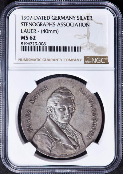 【俄甄集藏】马年新春第一拍 2026年(048)02-25星期三 晚 19:30 全场包邮 - 德国1907年纪念帕绍市速记协会成立50周年大银章，NGC MS62，少见品种，设计精美，直径：40mm