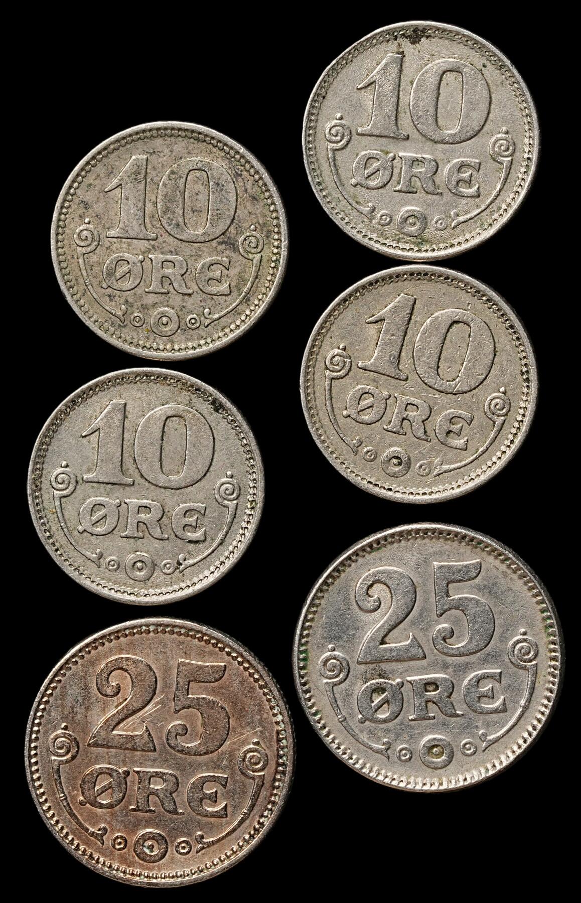 修遠堂世界钱币第103期 1922年丹麦10，25欧尔一组，少见的年份