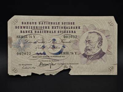 【淘币小摊】实时拍第八百五十九拍   无佣金福利纸币场   满百包邮可预留二周 每周一统一发货   - 瑞士10法郎纸币【有折破损】