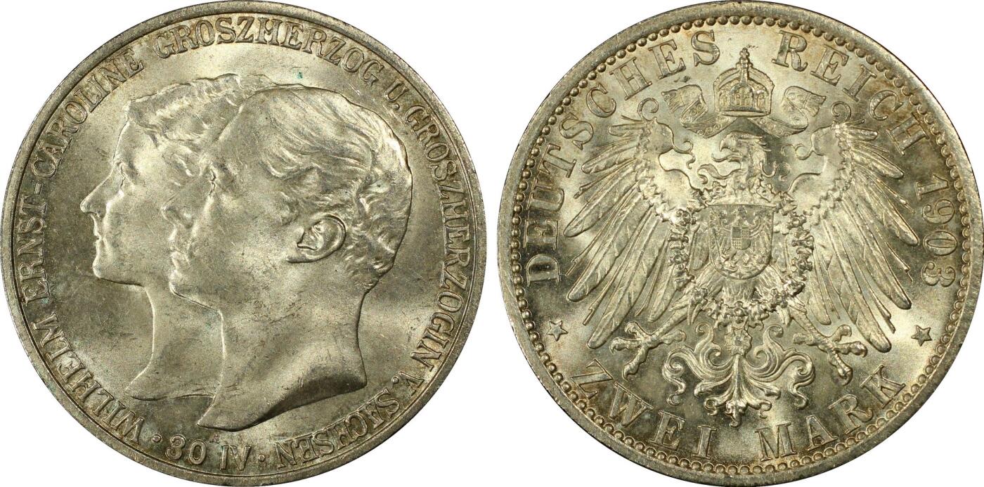 万国钱币拍卖第060期（万国六十期纪念大拍） PCGS MS64 1903德国萨克森-魏玛-埃森纳赫结婚纪念长翅2马克银币 小邦品种 淡彩转光好品难得