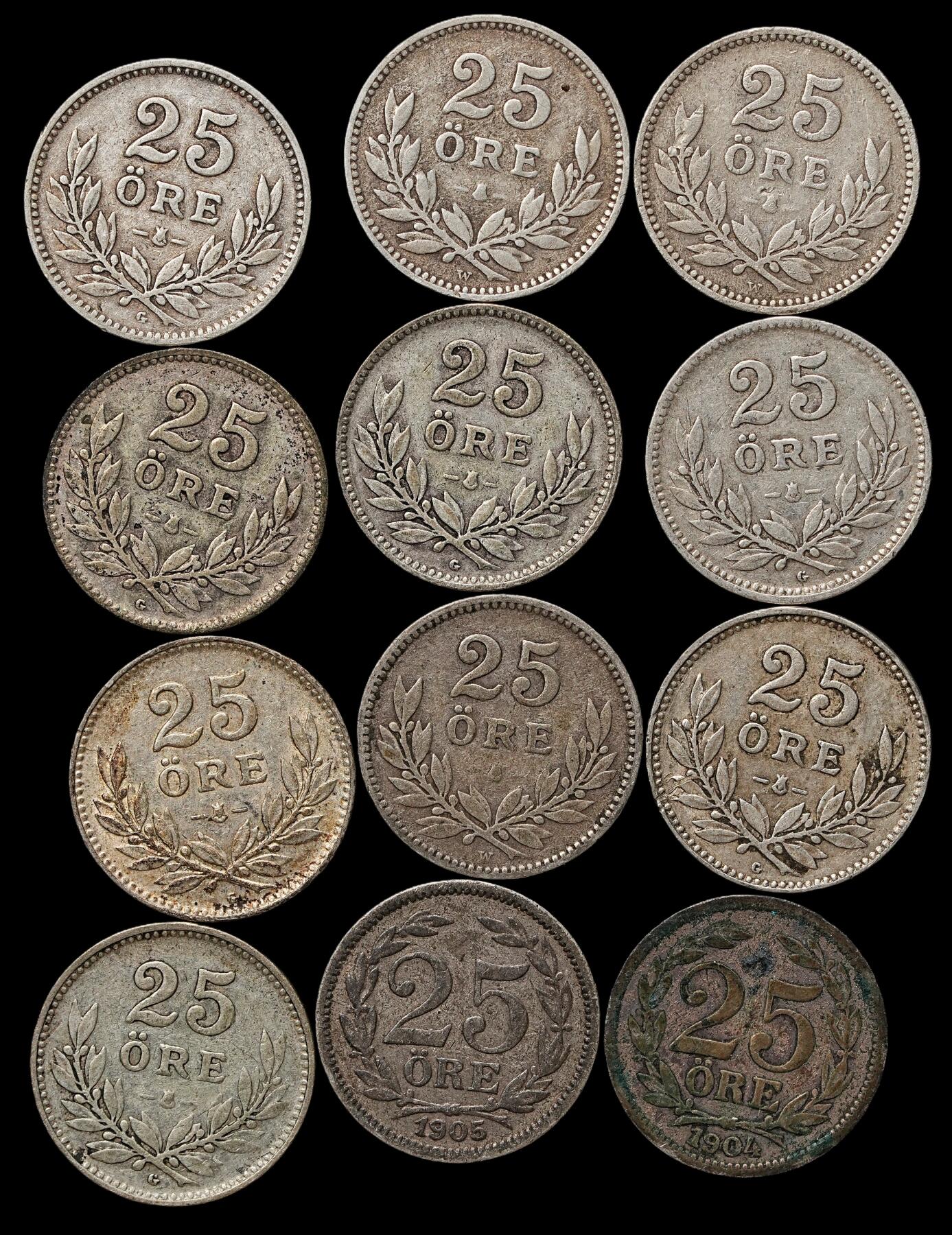 修遠堂世界钱币第103期 瑞典25欧尔银币一组，总重28.41g，含银60%