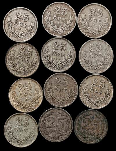 修遠堂世界钱币第103期 - 瑞典25欧尔银币一组，总重28.41g，含银60%