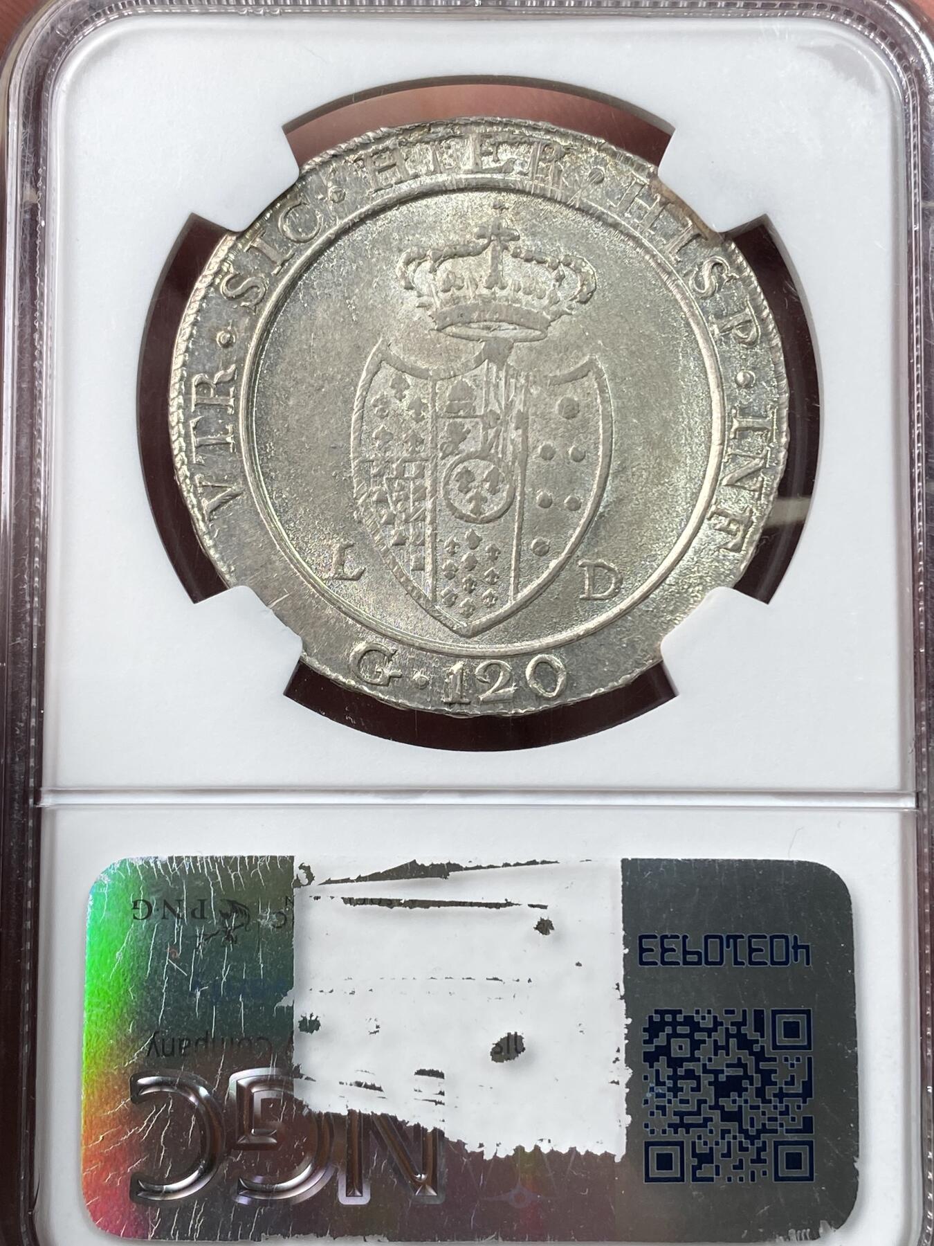 万国钱币拍卖第060期（万国六十期纪念大拍） NGC MS63 1805意大利那不勒斯和西西里费迪南德四世120格拉纳大银 大头版本 原味淡金彩包浆 