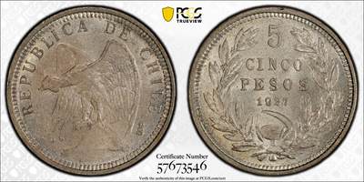万国钱币拍卖第060期（万国六十期纪念大拍） - PCGS MS65 1927智利秃鹫5比索大银 原味均匀纸袋包浆 从未动过的原始状态 极其难得的BU品质南美大银 PCGS冠军分