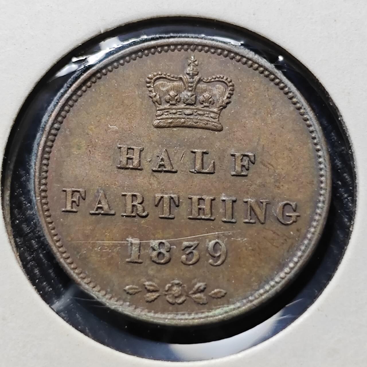 KK钱币收藏小铺  第398期 百期特拍（四拍之二） 2月预留时间 周末发货  英国1839年维多利亚女王1/2法新铜币 深打状态 底板干净！