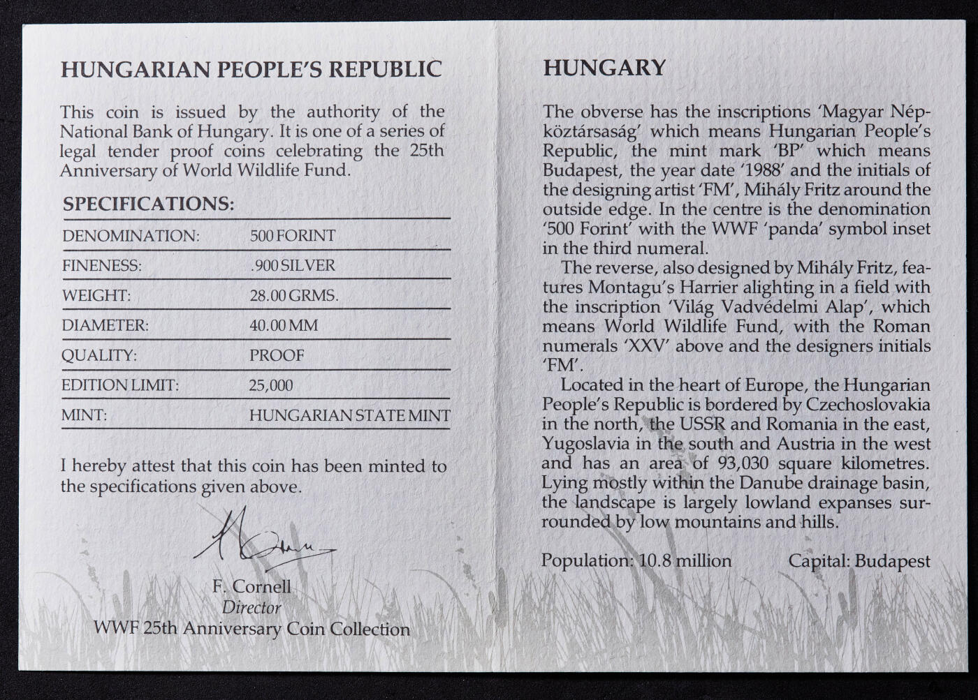 【俄甄集藏】马年新春第一拍 2026年(048)02-25星期三 晚 19:30 全场包邮 匈牙利1988年纪念世界野生动物保护基金会成立25周年500福林精制大银币，带证书，重28克，900银，发行量25000枚，币有氧化