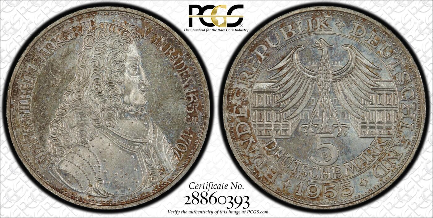 万国钱币拍卖第060期（万国六十期纪念大拍） PCGS MS65 1955西德纪念路德维希·冯·巴登诞辰300周年5马克银币 BU品质香槟金彩极美