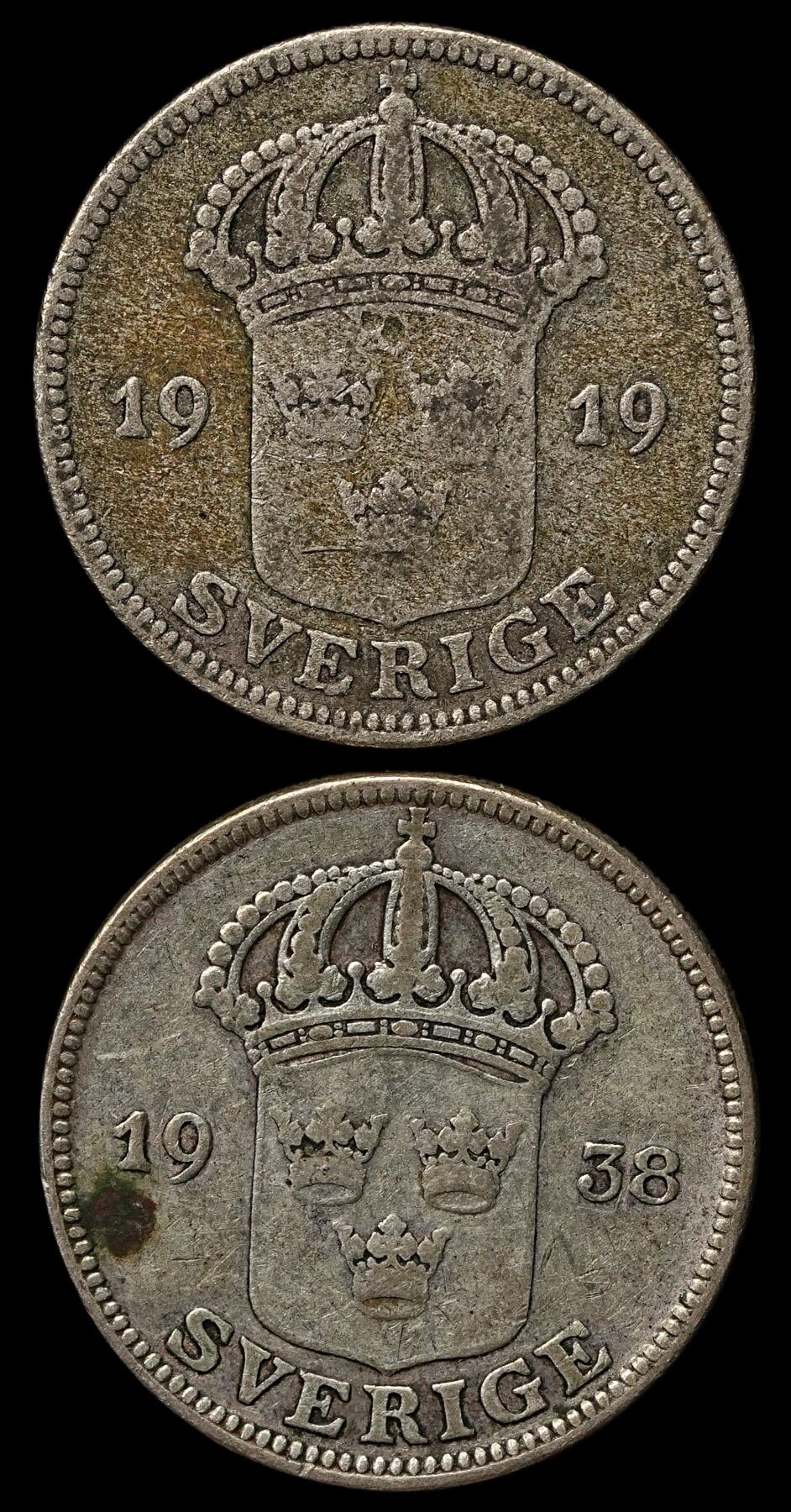 修遠堂世界钱币第103期 瑞典50欧尔银币2枚，总重9.92g，含银60%