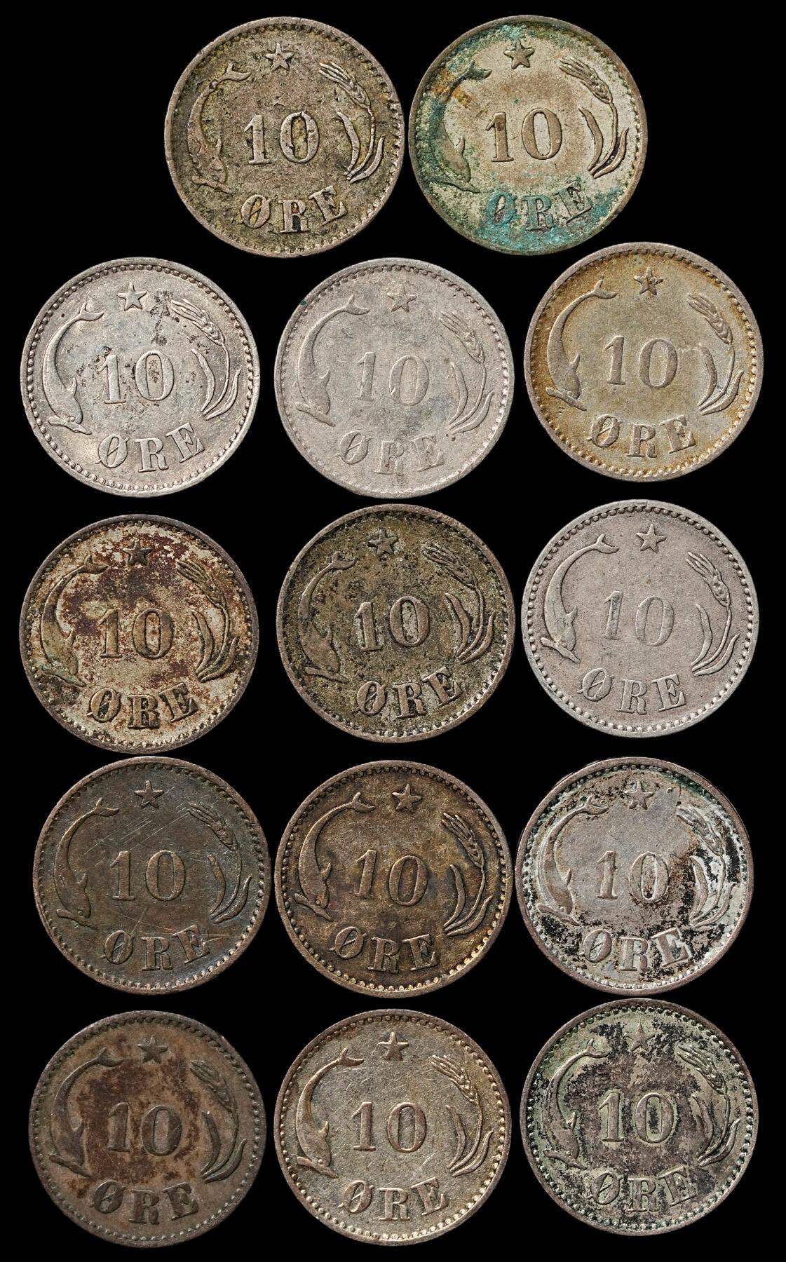 修遠堂世界钱币第103期 丹麦克里斯蒂安九世时期海豚10欧尔银币一组，总重19.19g，含银40%