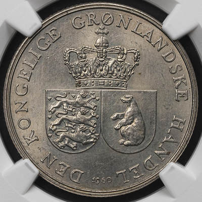 修遠堂世界钱币第103期 - NGC MS64 1960年皇家格陵兰贸易公司1克朗