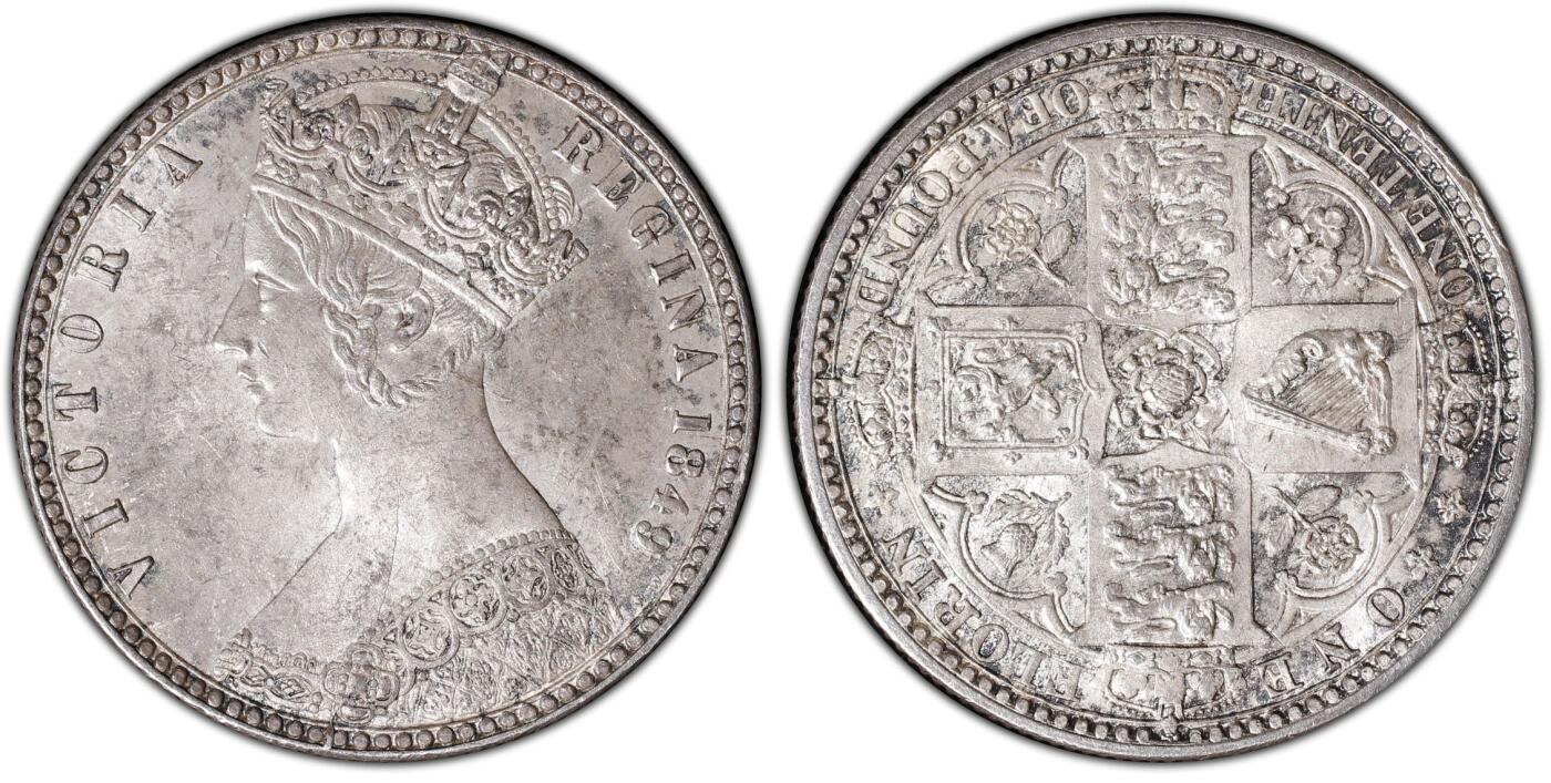 万国钱币拍卖第060期（万国六十期纪念大拍） PCGS MS63 1849年英国维多利亚女王无神弗洛林 热度居高不下的品种 深打原光纸袋包浆 状态极其舒适的典藏级品质