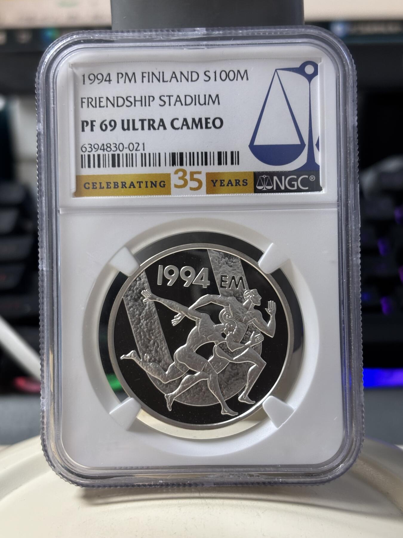 第190期拍卖 1994克劳斯获奖币芬兰跑步纪念银币NGC-PF69 24G,925银