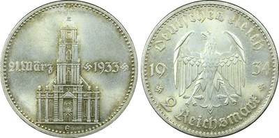 万国钱币拍卖第060期（万国六十期纪念大拍） - PCGS MS64+ 1934德国社会主义工人党时期波茨坦教堂加字2马克 丝绸转光底板德式淡彩环绕 PC老评水晶盒品质保证
