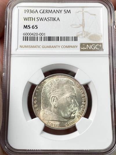 万国钱币拍卖第060期（万国六十期纪念大拍） - NGC MS65 1936德国社会主义工人党时期兴登堡5马克银币 香槟金彩丝绸转光 BU相当有难度的品种（原图请私信后台或自行查询官网）