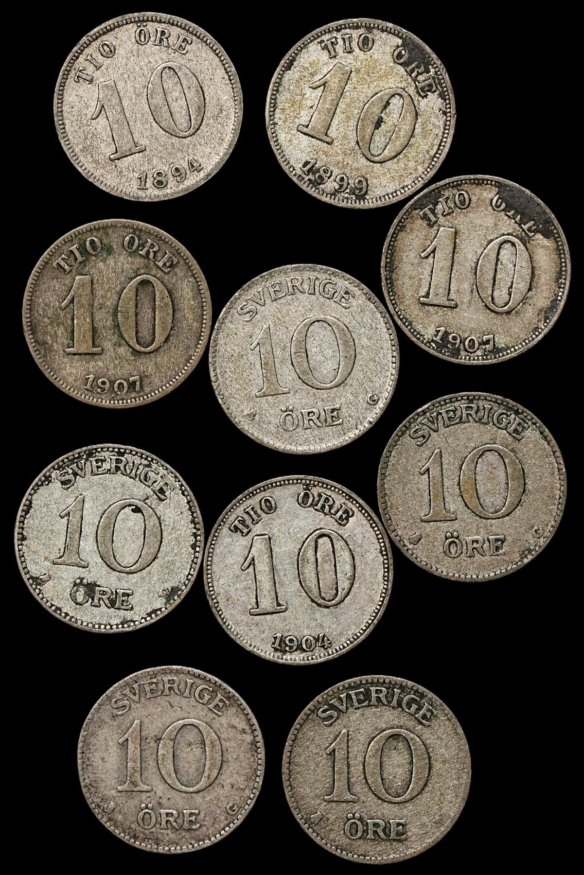 修遠堂世界钱币第103期 瑞典10欧尔银币一组，总重13.98g，含银40%