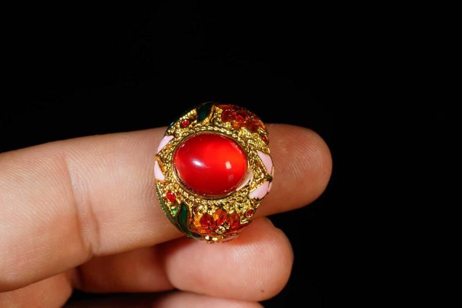 上海都达杂项专场十八（全场包邮） 天然景泰蓝嵌红玛瑙蛋面戒指 附鉴定证书