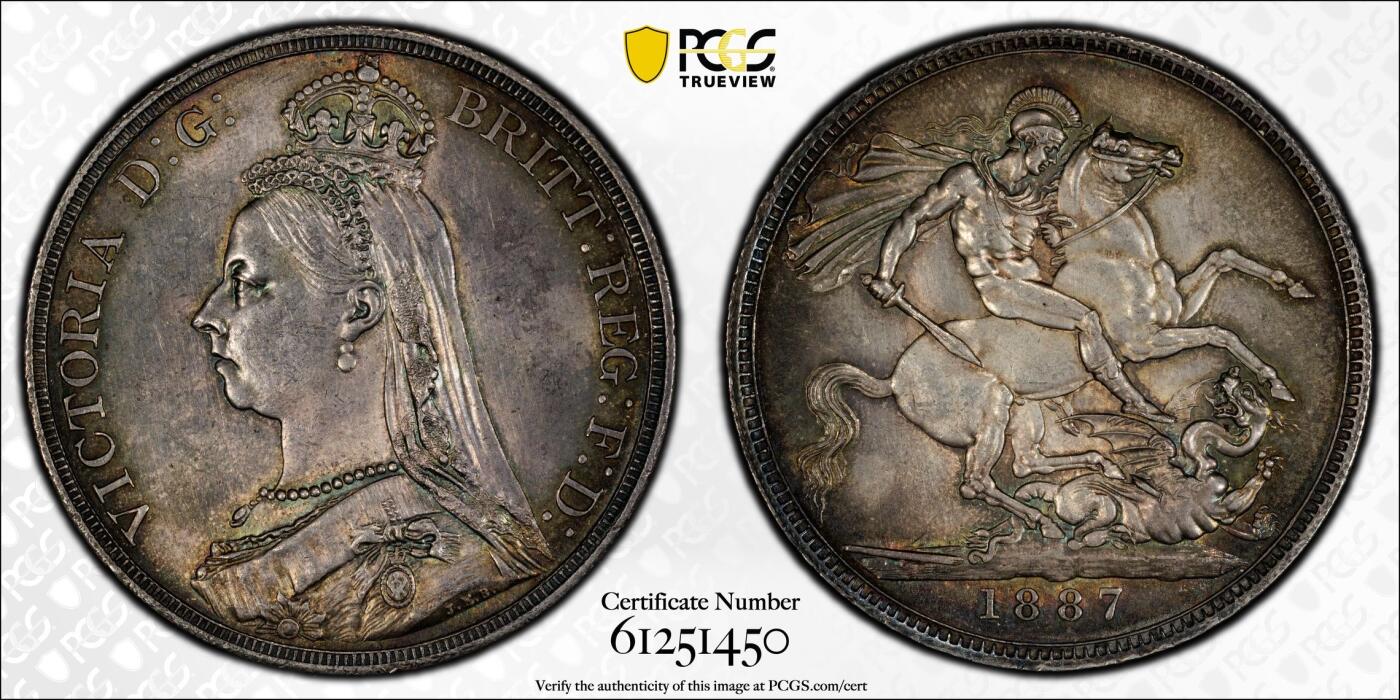 万国钱币拍卖第060期（万国六十期纪念大拍） PCGS MS63 1887英国维多利亚女王高冠马剑克朗 英系经典品种 油润天鹅绒绿五彩极美 打制锋利 状态难得的收藏级品质
