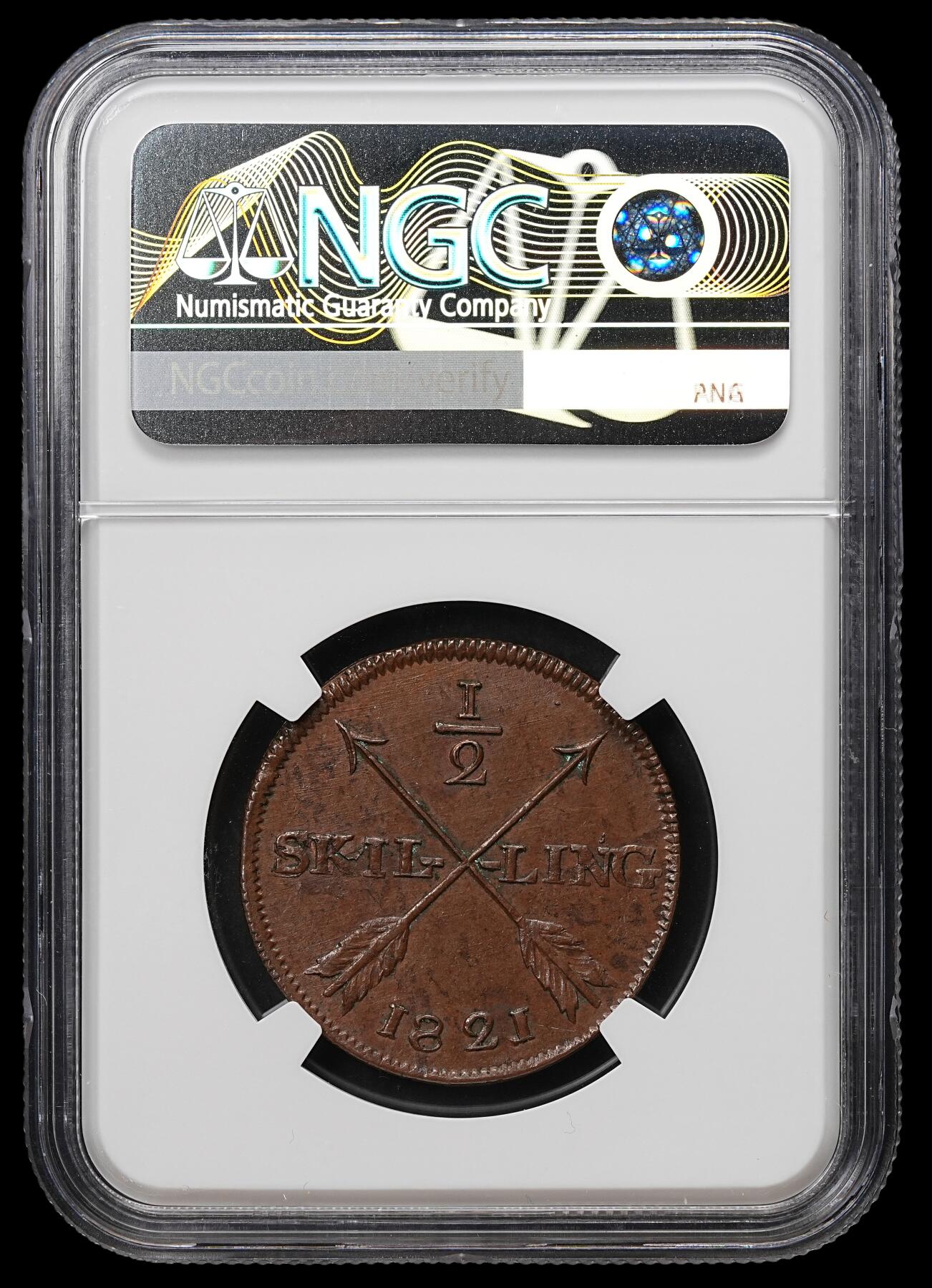 修遠堂世界钱币第103期 NGC MS62BN 1821年瑞典1/2 SKILLING铜币