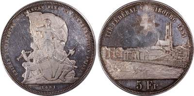 万国钱币拍卖第060期（万国六十期纪念大拍） - PCGS MS62 1881瑞士弗莱堡射击节景观5法郎银币 瑞射系列中广受欢迎的景观品种 类镜面喷砂质感淡彩环绕