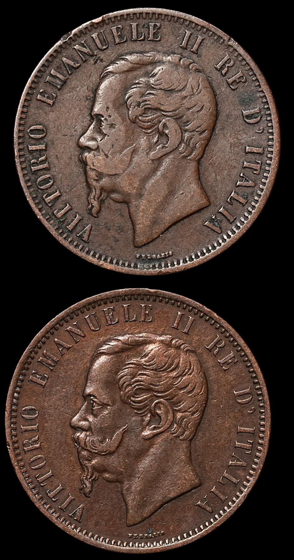 修遠堂世界钱币第103期 1866年意大利10分铜币两枚，N，M厂铭各一