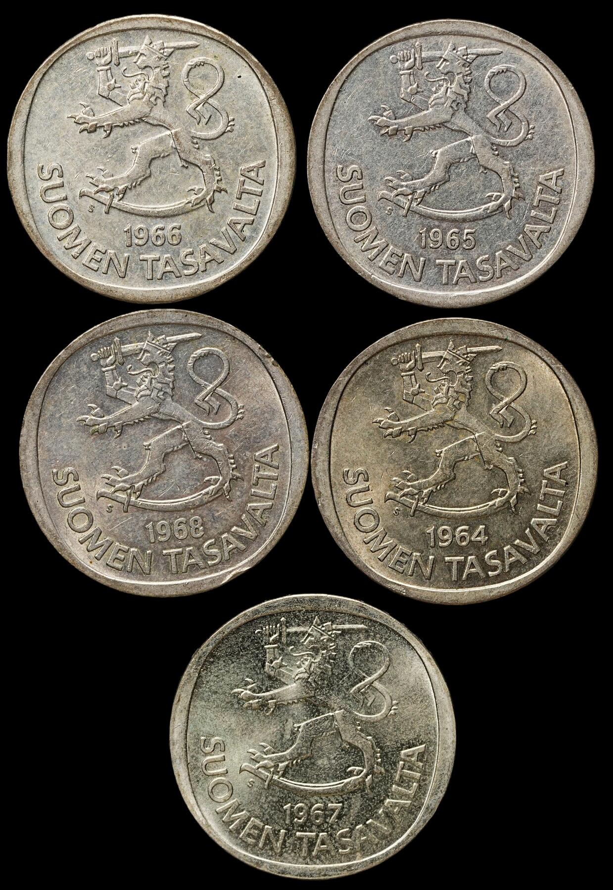 修遠堂世界钱币第103期 1964-1968年芬兰1马克银币5枚，总重32g，含银35%