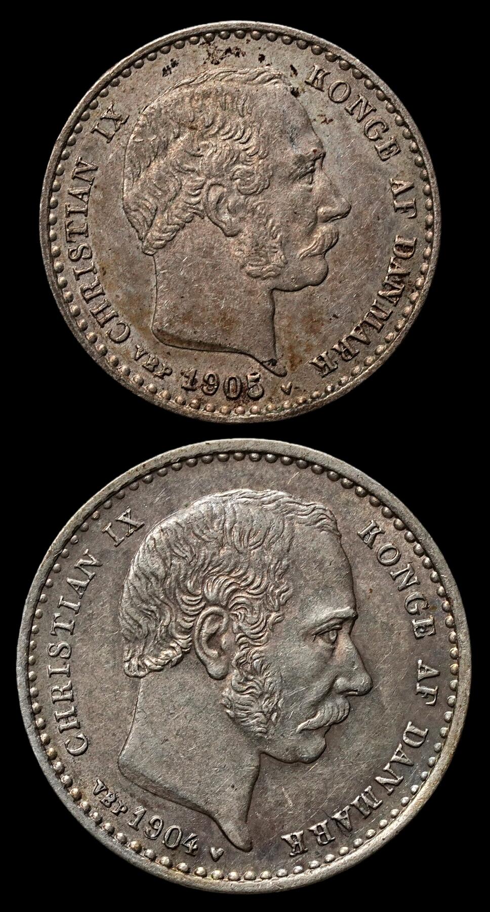 修遠堂世界钱币第103期 丹麦克里斯蒂安九世时期海豚10，25欧尔银币各一枚，好品